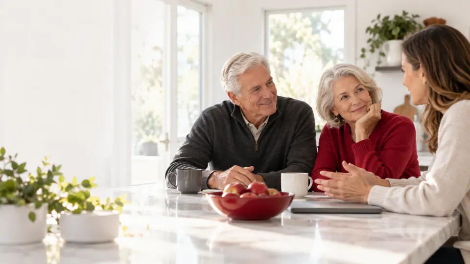 Older adults and a family member talking at a kitchen table