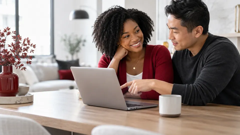 Two adults discussing information at a laptop in their home