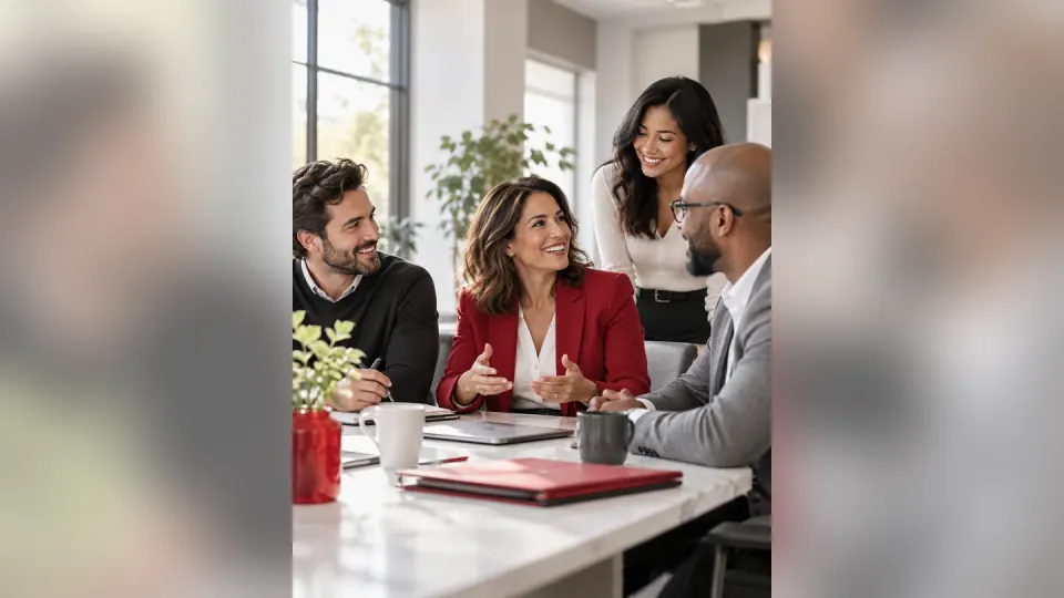 Colleagues meeting in a bright workplace